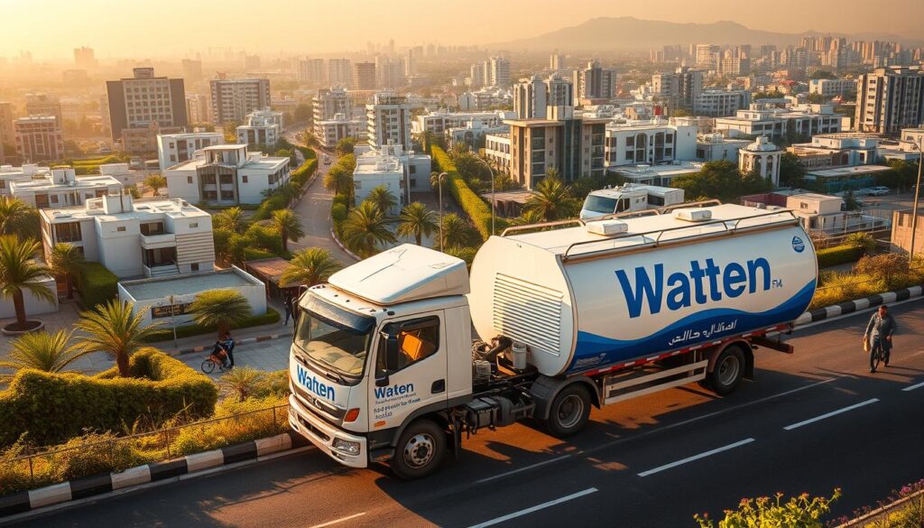 A bustling urban scene in Kuwait, showcasing a water delivery truck prominently in the foreground. The truck is adorned with the company's distinctive branding and logo, conveying a sense of local expertise and reliability. The middle ground features a mix of residential and commercial buildings, with lush greenery and pedestrians going about their daily routines. The background is filled with a vibrant cityscape, bathed in warm, golden afternoon light that casts long shadows and creates a serene, inviting atmosphere. The overall composition highlights the importance of this water delivery service in the local community, catering to the needs of homes and businesses alike with speed and efficiency.