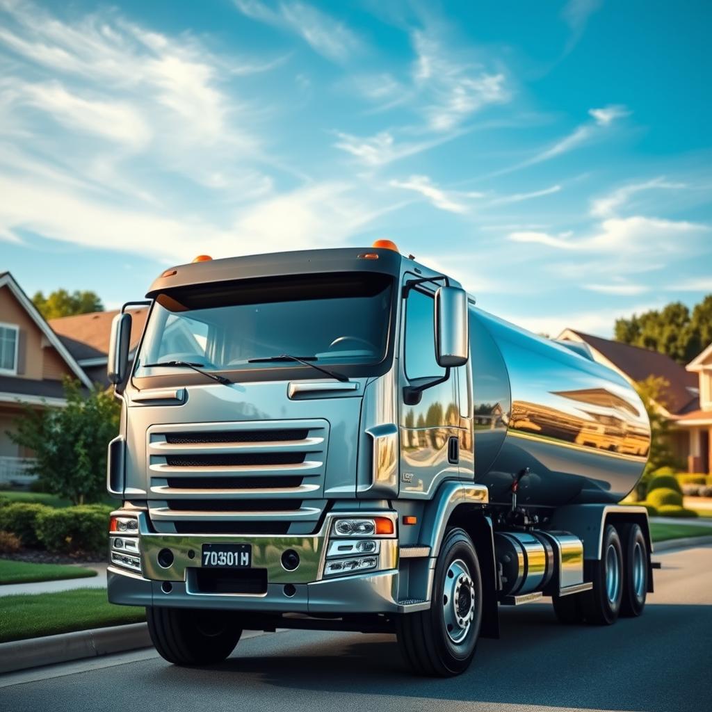 A detailed, high-resolution image of a water tanker truck in the foreground, prominently displayed. The truck should have a vibrant, polished metallic finish, reflecting the sunlight. In the middle ground, a residential neighborhood with lush greenery and well-maintained homes. In the background, a clear blue sky with wispy clouds, conveying a sense of warmth and tranquility. The composition should be balanced, with the water tanker occupying the central focus, while the surrounding environment provides context and a sense of place. The lighting should be natural, with soft shadows and highlights that accentuate the details of the truck. The overall mood should be one of professionalism, reliability, and a commitment to providing high-quality water delivery services.