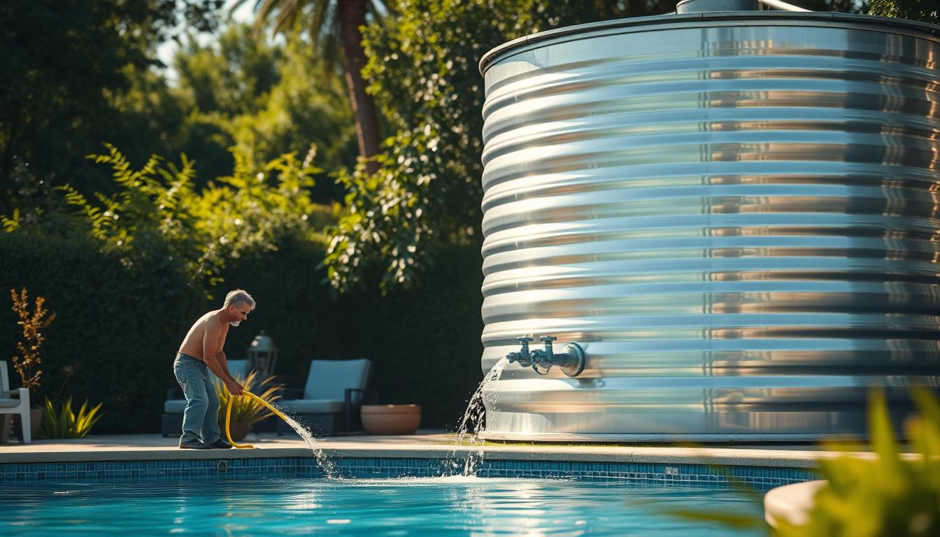 A large, cylindrical freshwater tank stands prominently in a serene, sun-dappled backyard. The tank's metallic surface gleams, reflecting the surrounding greenery. In the foreground, a gardener carefully connects hoses to the tank's spigots, preparing to fill the nearby swimming pool with the fresh, clear water. The scene conveys a sense of tranquility and the effortless integration of water infrastructure into the natural landscape. Soft, diffused lighting illuminates the entire composition, creating a warm, inviting atmosphere. The angle of the shot showcases the tank's impressive scale and emphasizes its role as a vital water source for the property's swimming pool and other outdoor activities.