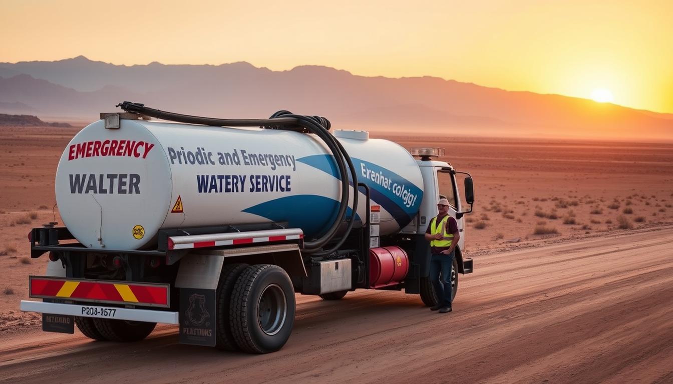 A vibrant scene depicting the local water delivery services' impact on the community. In the foreground, a water tanker truck navigates the bustling streets, its sturdy frame and gleaming chrome contrasting with the modest houses and shops surrounding it. The middle ground showcases residents enthusiastically receiving their daily water supply, their expressions conveying a sense of relief and gratitude. In the background, a hazy cityscape with towering palm trees and a warm, golden-hued sky sets the tranquil, sun-drenched atmosphere. Precise lighting casts gentle shadows, emphasizing the tangible presence of the water delivery service and its integral role in the community's daily life. A large truck with a water tank and hoses, parked on a dusty desert road. The vehicle is painted in bright colors, with bold graphics and signage indicating "Periodic and Emergency Water Delivery Service". The driver, wearing a reflective vest, is standing next to the truck, ready to assist. The background shows a vast, arid landscape with mountains in the distance, under a warm, golden sunset sky. The scene conveys a sense of reliable and responsive water distribution service, available day and night, to serve the needs of remote communities.
