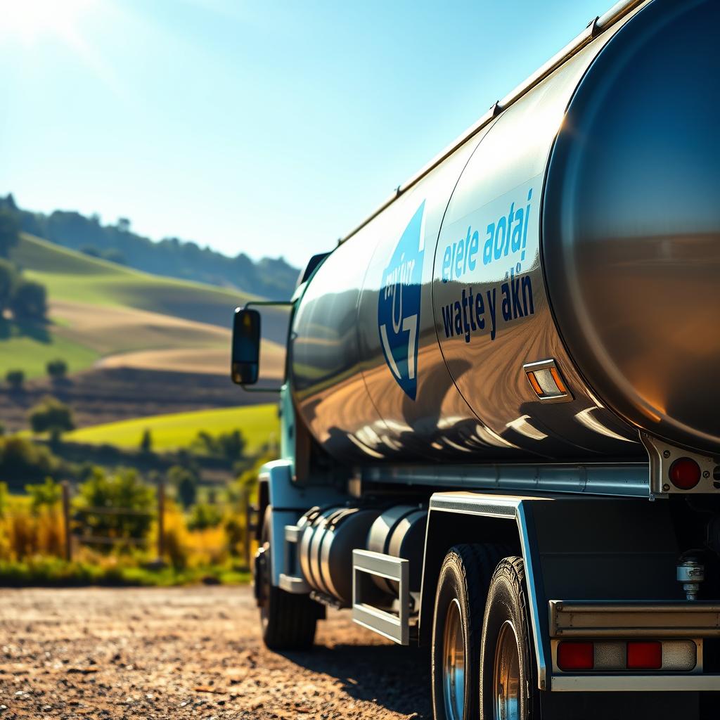 A large water tanker truck parked in a sun-dappled outdoor setting, its metallic surface gleaming. In the foreground, the company's logo and name "شركة تنكر مياه" are prominently displayed on the side of the vehicle. The background features a tranquil rural landscape with rolling hills, lush greenery, and a clear blue sky. Subtle shadows and highlights accentuate the truck's form, conveying a sense of quality, reliability, and professionalism. The overall scene evokes a mood of dependability, efficiency, and dedication to providing clean, fresh water delivery services.