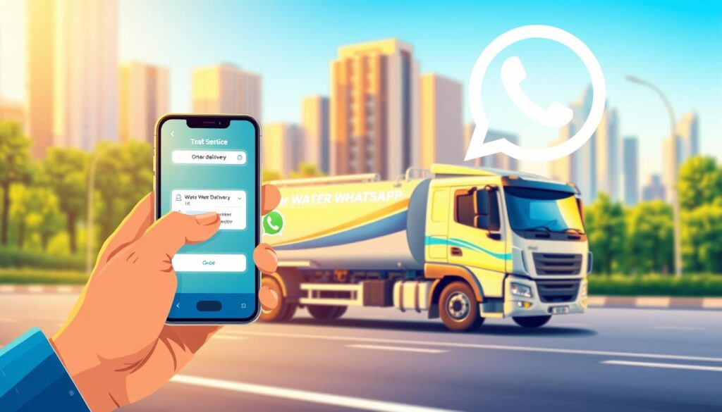 A modern and vibrant illustration showcasing the quick steps of ordering water delivery service via phone and WhatsApp. In the foreground, a person is holding a smartphone, their fingers tapping on the screen as they place an order. The middle ground features a stylized water tanker truck, its bright colors and sleek design conveying efficiency and reliability. In the background, a soft-focus cityscape sets the urban context, with tall buildings and lush greenery. The overall scene is bathed in warm, golden lighting, creating a sense of professionalism and sophistication. The composition is balanced and visually engaging, inviting the viewer to imagine the seamless experience of ordering water delivery with a few taps on a mobile device.