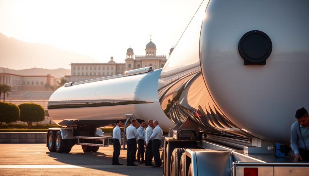 A pristine water tanker stands in the foreground, its chrome fittings gleaming under the warm sunlight. The vehicle's sleek, aerodynamic design reflects the latest advancements in water transportation technology. In the middle ground, a team of technicians in crisp uniforms carefully inspect the tanker's interior, ensuring the highest standards of cleanliness and purity. In the background, a sprawling palace dominates the skyline, its intricate architecture a testament to the region's rich cultural heritage. The scene conveys a sense of order, efficiency, and unwavering dedication to delivering fresh, clean water to even the most prestigious of destinations.
