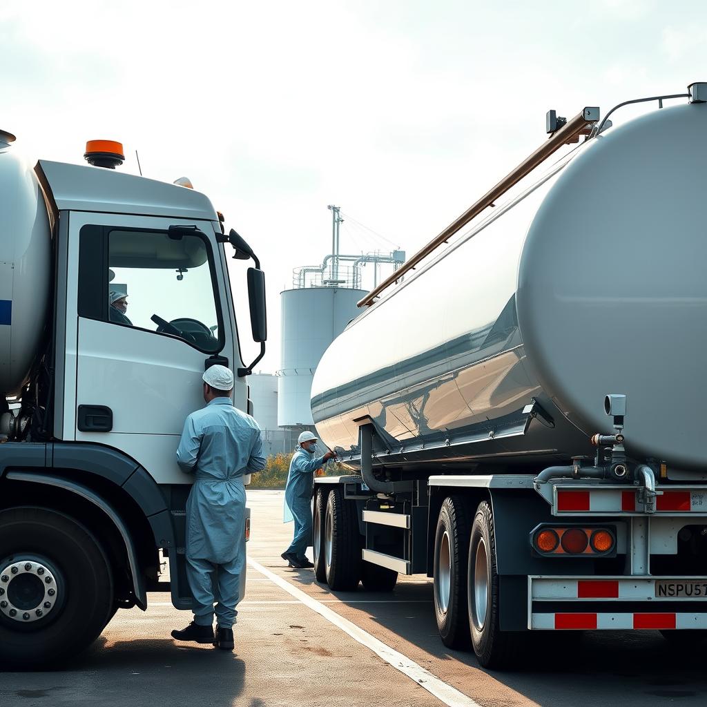A well-lit, detailed scene depicting the safety standards and health protocols for water tanker transportation. In the foreground, a water tanker truck is meticulously inspected, with workers in protective gear examining the seals, valves, and hoses. The middle ground showcases the loading process, where purified water is carefully transferred into the tanker under strict hygienic conditions. In the background, a modern water treatment facility stands, symbolizing the source of the pure, safe water. The overall atmosphere conveys a sense of professionalism, diligence, and a deep commitment to ensuring the quality and safety of the water supply.