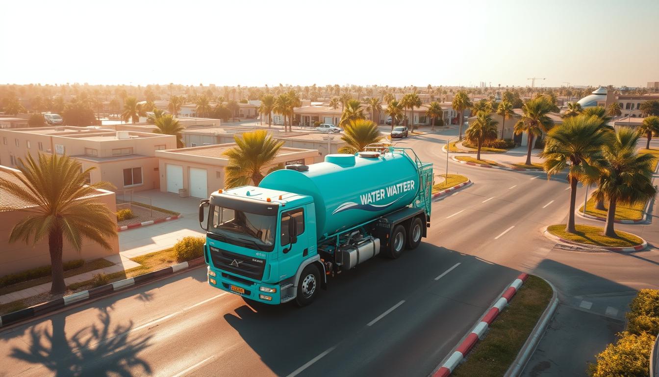 An aerial view of a Kuwaiti water tanker truck navigating through a bustling urban landscape, its distinctive turquoise livery standing out against the backdrop of low-rise buildings and palm-lined streets. The truck's tank is prominently displayed, conveying its role in the crucial task of transporting clean, freshwater to the nearby residential area. The scene is bathed in warm, golden sunlight, creating a sense of vibrancy and immediacy. The composition emphasizes the tanker's centrality, with the surrounding environment providing context and a sense of scale. The overall mood is one of efficiency and reliability, reflecting the 24/7 service that the water distribution network provides to the local community.